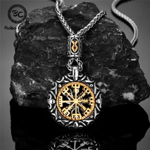 Retro Men Norse Rune Bead Compass Necklace Gold Color Hollow Out Sun Pendant Sta - £11.85 GBP+