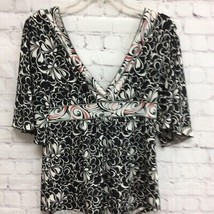 Lapis Womens Blouse Black White Floral Short Sleeve Deep V Neck Stretch ... - $15.35