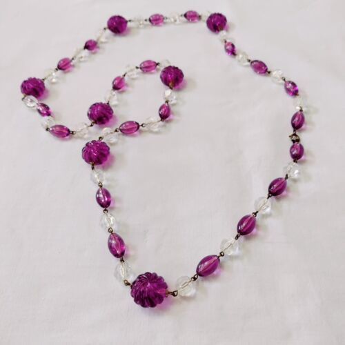 Primary image for Vintage Puffy Purple Lucite Clear Faceted  Glass Bead Linked Necklace 36" Long