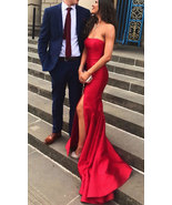 Strapless Red Mermaid Split Side Court Train Prom Dresses Evening Gowns - £95.91 GBP