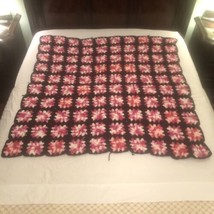 Granny Square Handmade Crochet Pink &amp; Black Throw Blanket Lap Afghan 50” x 50” - £25.82 GBP