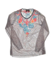 Johnny Was Biya Sheer Top Womens L Long Sleeve Floral Embroidered Mesh Cover UP - £63.98 GBP