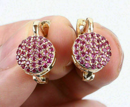 Earrings 2.00Ct Round Cut Ruby Diamond Cluster 14K Yellow Gold Finish  - £77.86 GBP