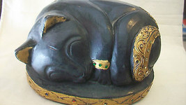 HAND CARVED WOODEN SLEEPING BLACK CAT FIGURINE MADE IN THAILAND - $60.00