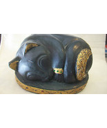 HAND CARVED WOODEN SLEEPING BLACK CAT FIGURINE MADE IN THAILAND - £47.19 GBP
