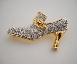 Vintage Shoe Pin Brooch High Heel Pump Clear Rhinestones Silver Gold Tone Metal - £27.73 GBP