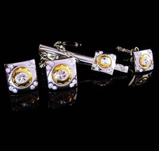 STUNNING Wedding Tuxedo cufflinks - silver gold rhinestone tie clip - brilliant  - £131.86 GBP