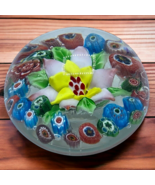 Vtg Art Glass 25 Multi Color Millefiori Around A Yellow/Pink Flower 3.25... - $64.95