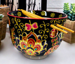 Colorful Floral Summer Blossoms On Black Ramen Soup Bowl With Chopsticks Set - £16.77 GBP