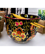 Colorful Floral Summer Blossoms On Black Ramen Soup Bowl With Chopsticks... - £16.63 GBP