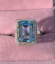 Created 7Ct Emerald Cut Blue Topaz &amp; Cz Halo Engagement Ring in 14K Gold Over - £100.81 GBP