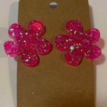 Handmade epoxy resin large flower earrings - hot pink glitter holographi... - $8.91