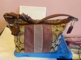 Coach Mini Handbag Brown Canvas Purple Suede Signature C Purse - $34.99