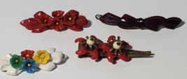 4 VTG 1950s Plastic &amp; Metal Barrettes Goody Bow White,Red,Blue w/Flowers Floral - £15.47 GBP