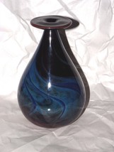 Signed Kesson Deep Blues Reds Green Art Glass Bud Vase 6 1/2&quot; - £23.36 GBP