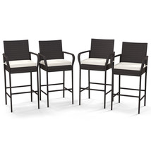 4Pcs Patio Pe Wicker Bar Chairs Counter HeightBarstools With Armrests &amp;Cushions - £251.74 GBP