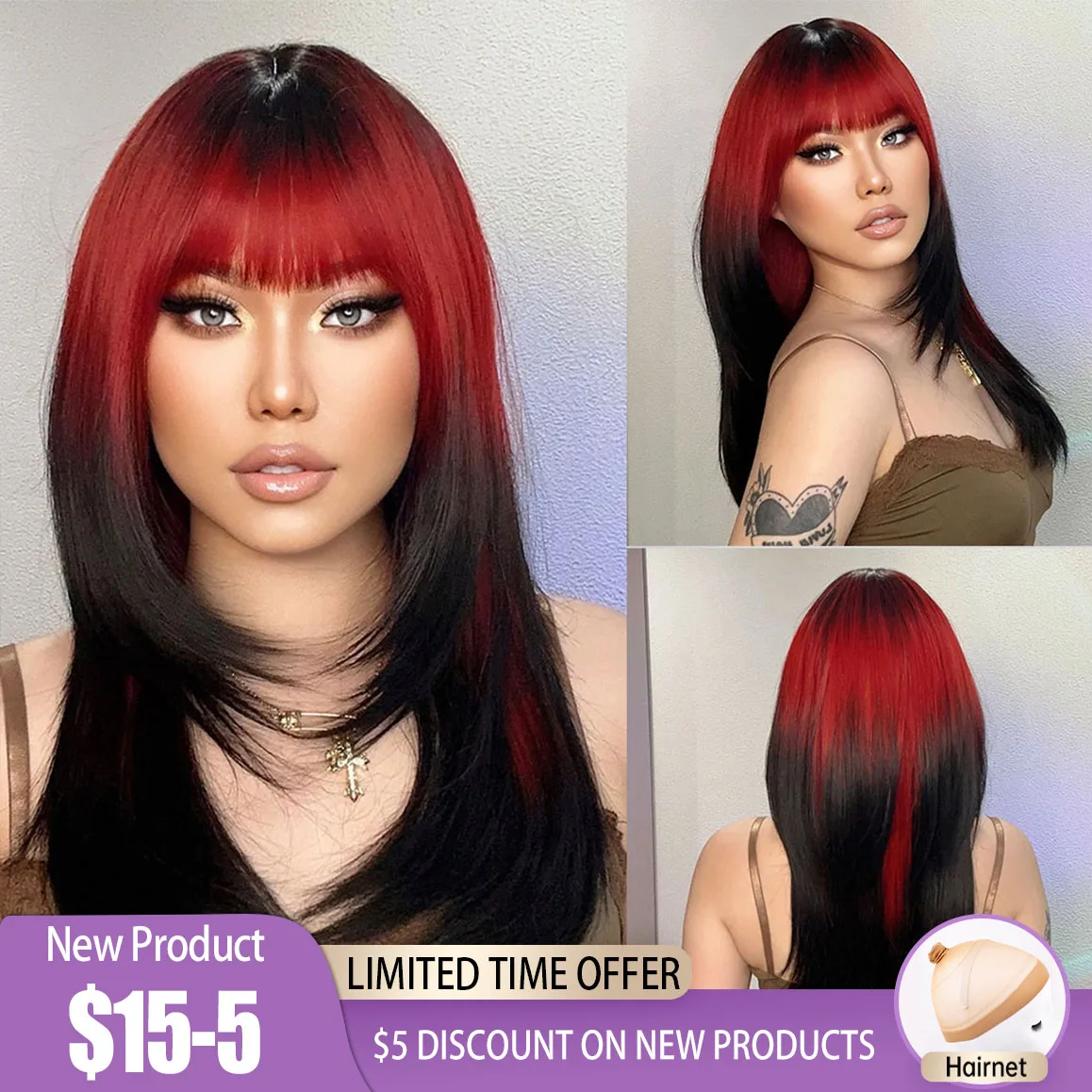 HENRY MARGU Ombre Red to Black Synthetic Wigs with Bangs Long Straight Layer - £22.28 GBP+