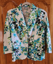 David N Sz L Linen Blend Green White Floral 3-Button Blazer Jacket Shirt Top - £23.69 GBP