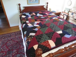 OLD Hand Stitched PATCHWORK Mostly Upholstery Fabrics? CRAZY QUILT - 70&quot;... - $69.00