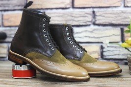 Handmade Leather Men&#39;s Beige Brown Leather Suede Lace Up Cap toe Ankle High  - $152.99