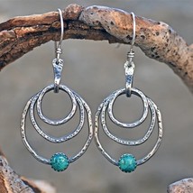 Boho Vintage Tibetan Silver Earrings For Women Ethnic Natural Green Stone Round  - £7.35 GBP