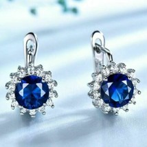 3Ct Simulé Saphir Diamant Halo Goutte Boucle D&#39;Oreilles Plaqué or Blanc Argent - £140.75 GBP
