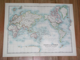 1907 Antique Map Of The World Mercator Projection America Asia Africa Europe - £26.23 GBP