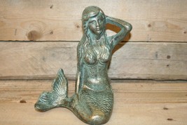 6&quot; Cast Iron Nautical Sitting Mermaid Figurine Verde Verdigris Green with Gold  - £19.76 GBP
