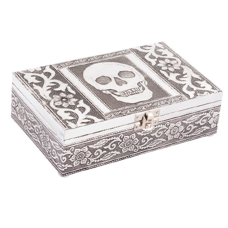  Skull Metal Secret Stash Jewelry Trinket Box 8 X 5&quot; Silver Velvet Lined - $24.74
