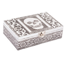  Skull Metal Secret Stash Jewelry Trinket Box 8 X 5&quot; Silver Velvet Lined - $24.74
