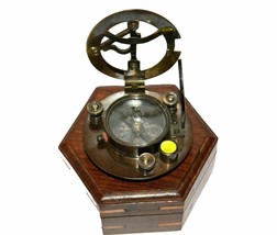 Antique nautical Brass sundial compass marine Working compass with wooden box - £37.36 GBP