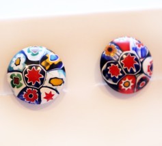 Vintage Artisan Millefiori Glass Button Earrings Clip On Style Flowers S... - £19.77 GBP