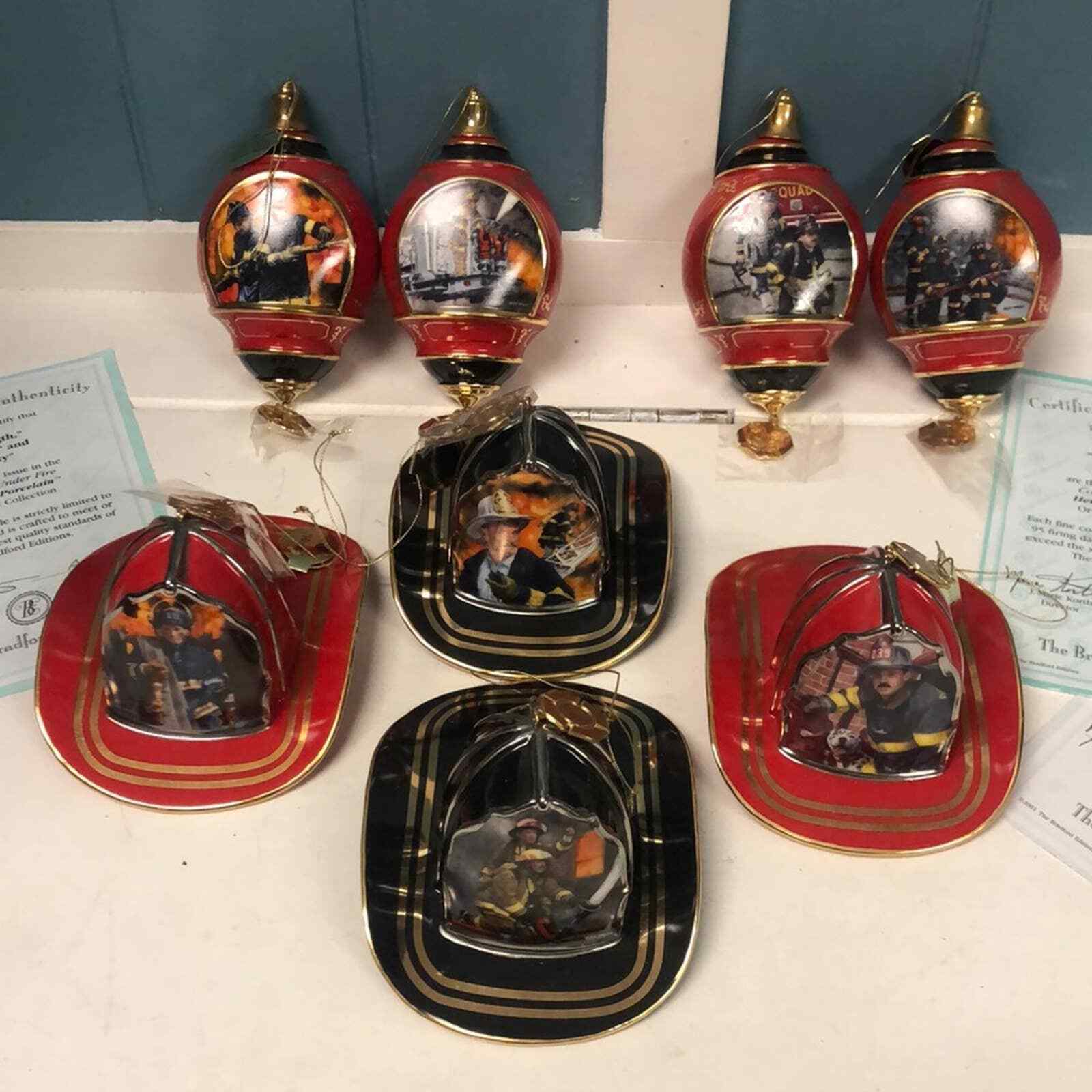 Lot of 8 Bradford Exchange Courage Under Fire Fireman Helmet Christmas Ornament - $117.81