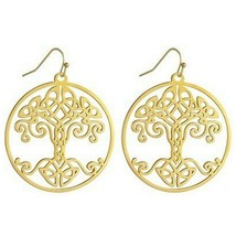Celtic Tree of Life Earrings Gold Stainless Steel Viking Yggdrasil Dangle Drop - £11.93 GBP