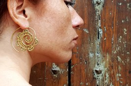 Spiral Ethnic Gold Earrings, Tribal Creole Earrings, Large Hook Circle Earrings - £12.61 GBP