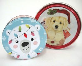 Cute Animal Christmas Round Tins Puppy with Santa Hat Polar Bear w Light... - £8.87 GBP