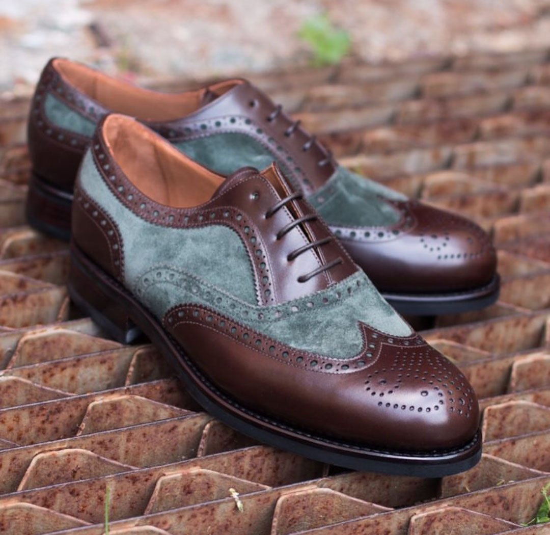New Men's Brogue Classic Oxfords Burgundy Leather and Suede Wing Tip Dress Shoes