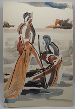 Vintage Aquarelle Peinture Encre Dessin Sur Papier Pêcheurs Circa 1961 - £103.24 GBP
