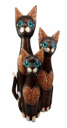 Balinese Wood Handicraft Heart Carving Feline Cat Family Set of 3 Figuri... - $46.99