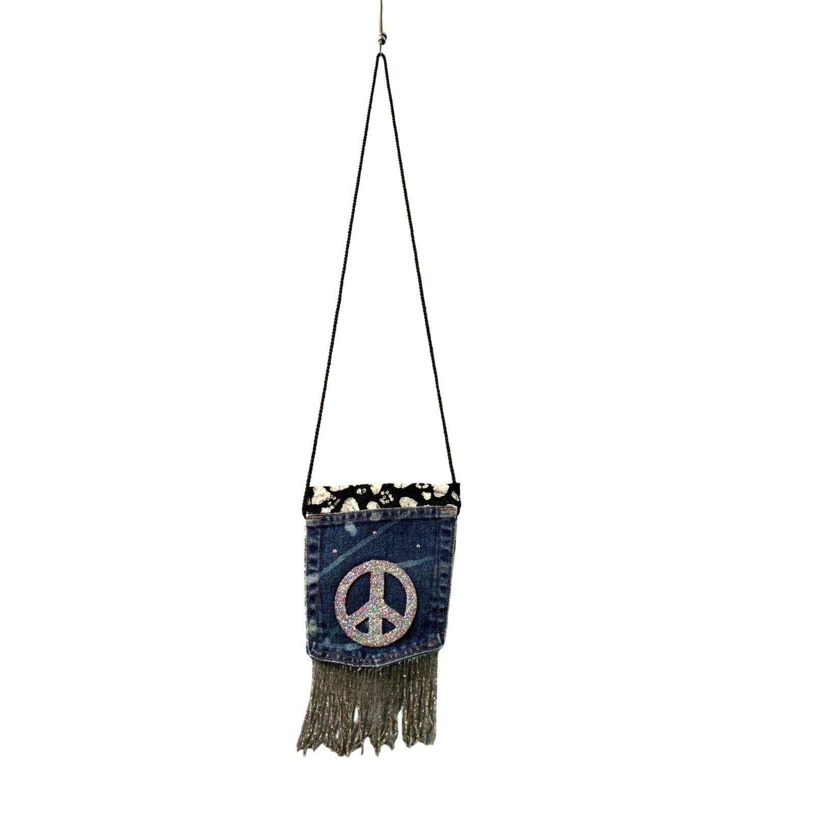 Handmade Crossbody Purse Jean Pocket 7x6 Black Strap Clear Fringe Peace ... - £7.42 GBP