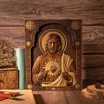 Our Lord Jesus Sacred Heart Wood Carving - Christian Catholic Personalized - $69.99+