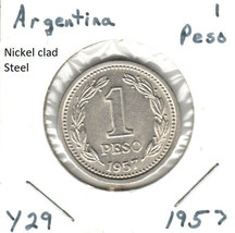 Argentina 1 Peso, nickel clad steel, 1957, KM 29 - £0.91 GBP