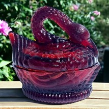 Vtg Ruby Red Glass 2 Pc Swan Figural Lidded Candy Dish Vanity Box 5&quot; H x 5.5&quot; L - £18.68 GBP