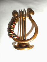 Lyre Instrument Gold Tone Brooch Pin w Red White Blue Gold Cord To Side 1 3/4&quot; - £15.97 GBP