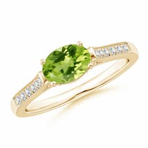 ANGARA East-West Oval Peridot Solitaire Ring with Diamonds for Women in 14K Gold - £694.17 GBP