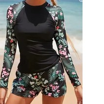 Womens Swimsuit Long Sleeve Rashguard &amp; Shorts Black Tropical Swim 2 Pc ... - £23.30 GBP