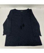 Talbots Navy Blue Embroidered Tassel 3/4 Sleeve Boho Top Cutwork Hem Size M - $230.03 MXN