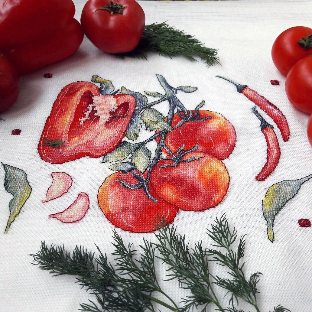 Primary image for Paprika cross stitch tomatoes pattern pdf - Kitchen embroidery chili peppers