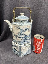 Vtg Dynasty Blue Porcelain Hexagon Tea Pot w/ Warmer Stand made in Toyo Japan - £47.79 GBP