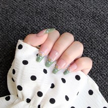 Pink Green Flower Mid Press On Nails Handmade Glue On Nails Kit Nude Fake Nails  - £18.07 GBP